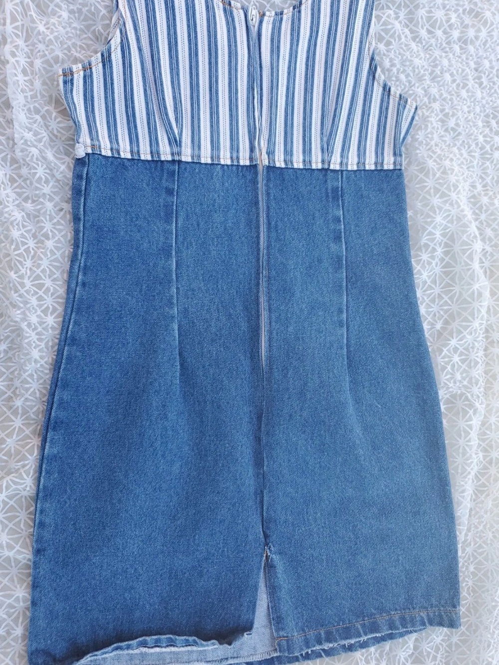 Blue Denim Midi Dress with Striped Bodice - Picture 2 of 4